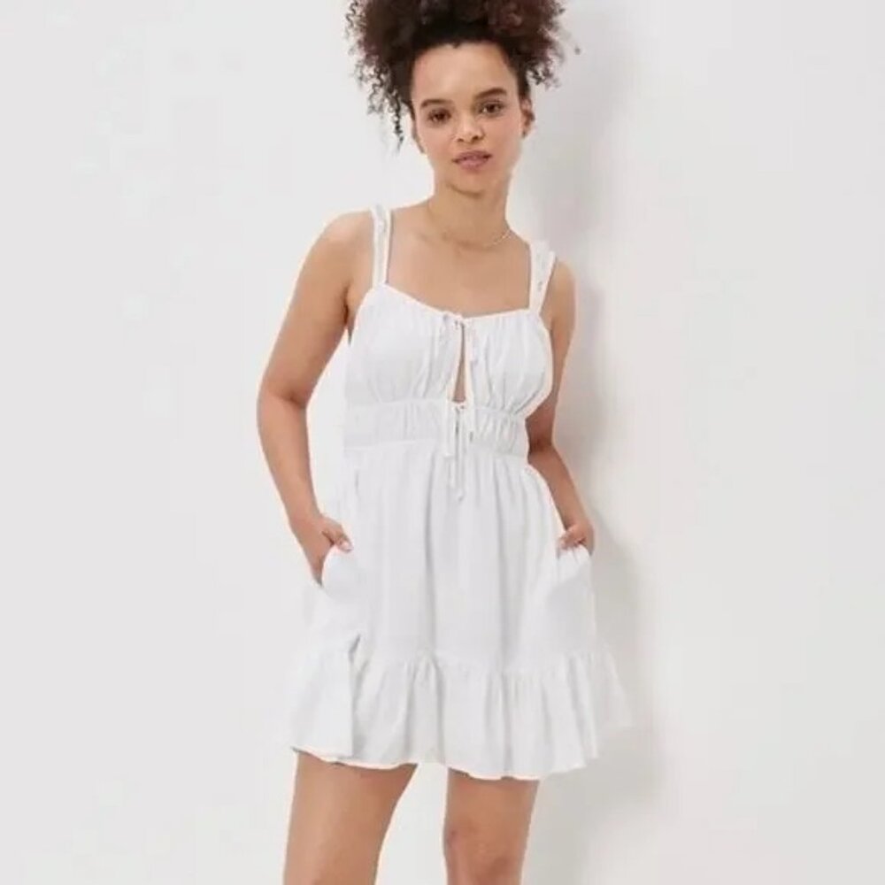 Adorable White Ruffle Hem Tie-Front Sundress American Eagle Outfitters